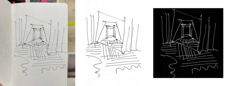 犬島精鍊所一隅，鏡面反射出左側發光端景。