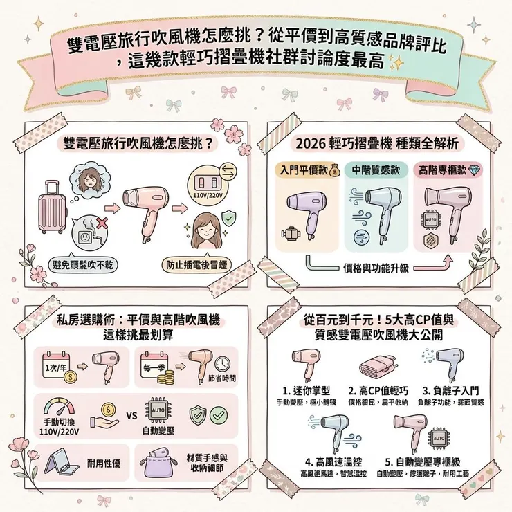 雙電壓旅行吹風機怎麼挑？從平價到高質感品牌評比，這幾款輕巧摺疊機社群討論度最高 ✨