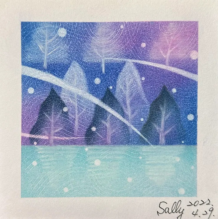 在專注的作畫中,心靈是平靜和諧的,不管其他,只覺察於眼前作品的完成,享受純粹的自在和喜悅。(圖 by Vina)