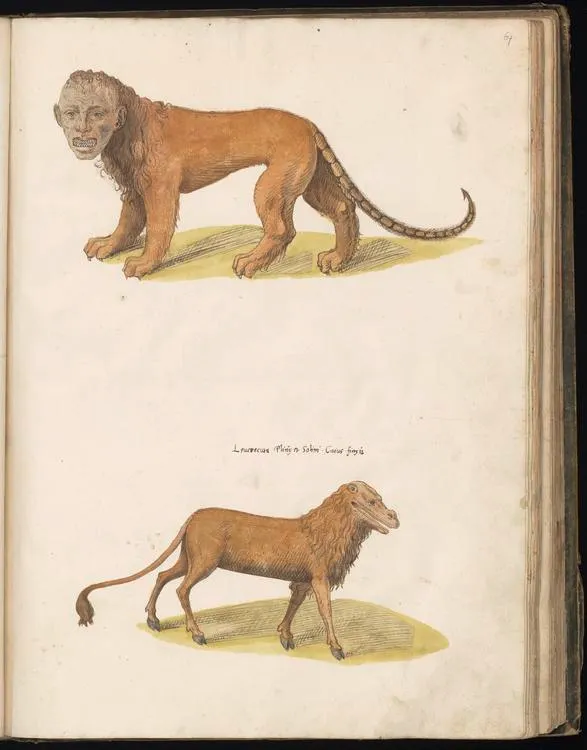 一隻蠍獅和一隻鱷魚。為菲利克斯·普拉特 (Felix Platter ) 的《動物史》 (1551–1558)