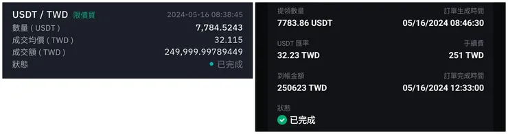 BitoPro 買進紀錄(左) vs Rybit 賣出紀錄(右)