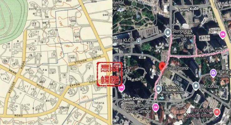 史丹諾路附近今昔對比。-Kuala Lumpur Map,Survey Dept., Federation of Malaya No. 65 - 1957;Google Map.