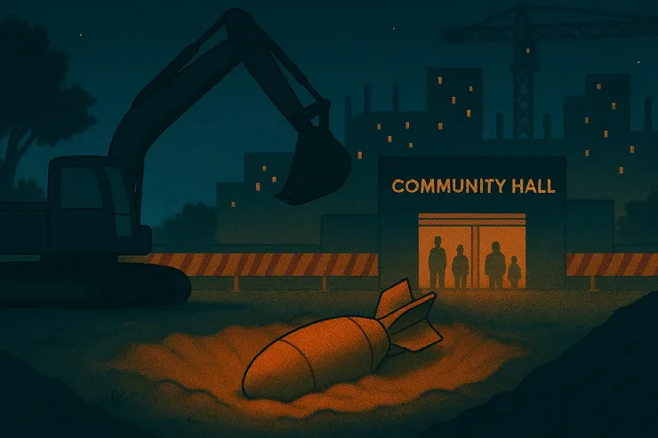 近日香港在一個工地發現一枚完好的戰時炸彈，警方連夜疏散受影響市民。（插圖由Copilot協助創作）