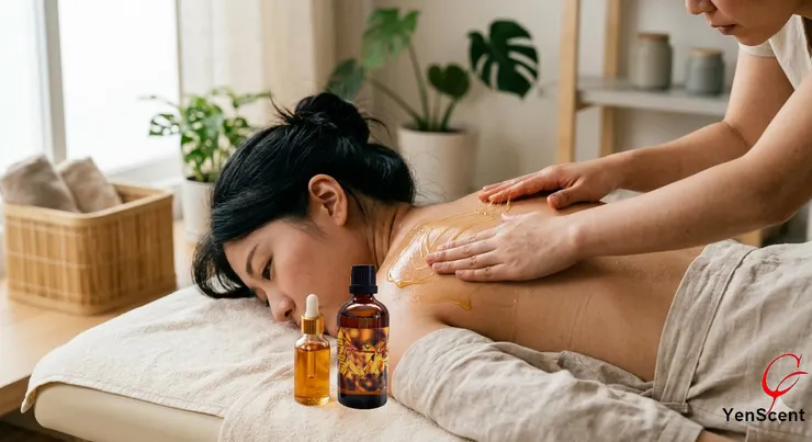 美容師使用天然精油進行深層能量按摩，恢復身體能量場，達到 2026 年必學的磁場調頻效果。