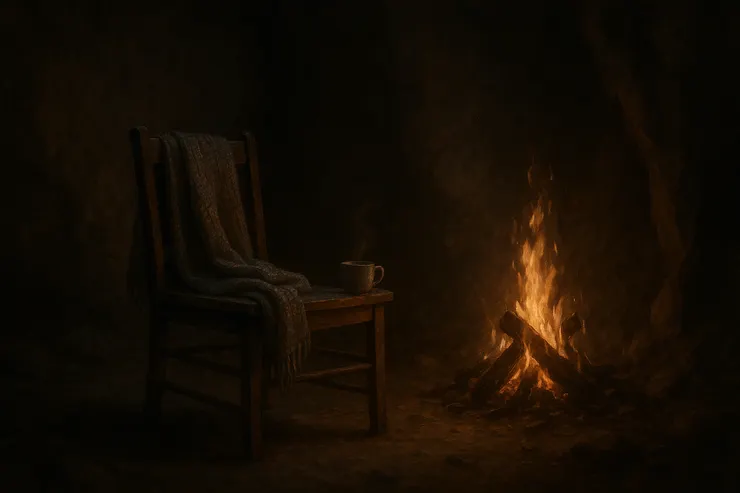 舊木椅安靜地坐著，毛毯等待歸人。 茶霧在杯口纏繞，像一扇結露的窗。 孤單的旅人終於進門，影子落在椅背上。 從此，火光裡不再只有空座。