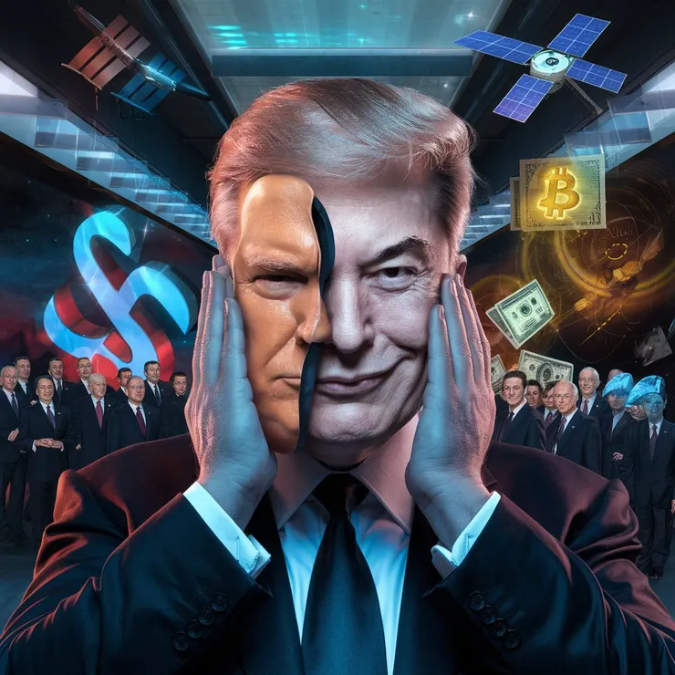 A cinematic-style photo of a hyperrealistic and surrealist illustration. Donald Trump is in a hybrid setting of a political stage and a futuristic laboratory. He is holding his face with his hands. With a theatrical gesture, he lifts a highly detailed mask that resembles his own features (orange skin, platinum blonde hair, arrogant expression), revealing his "true face": Elon Musk. The Musk under the mask has an ambiguous smile, his eyes illuminated by a technological glow and an aura of control. There are symbolic details around them: logos of the Trump Organization transforming into Starlink satellites, dollars becoming cryptocurrencies, and a crowd of politicians and engineers. The style is cinematic, with dramatic lighting that highlights the contrast between the fallen mask (gummy texture, semi-transparent) and the revealed face (smooth skin, high-tech details). In the background, there is a sky divided between the American flag and the Starship rocket launching.