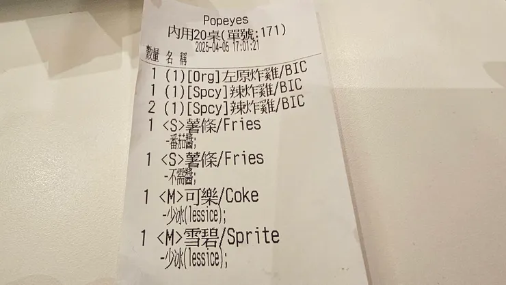 popeyes大力水手炸雞點餐明細表!