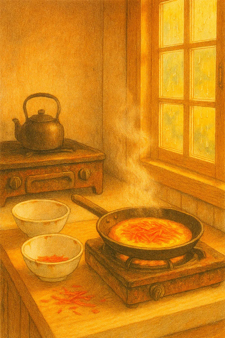 一個充滿懷舊氛圍的廚房,裡面有生鏽的鐵製瓦斯爐、邊緣剝落的白色瓷碗,溫暖的晨光透過窗框灑落進來。