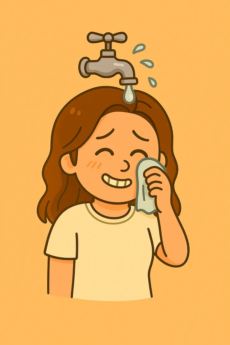 原來…哭點超低，低到就像壞掉的水龍頭， 一轉眼就滴滴答答落下，根本就是失控到—水龍頭小姐駕到！ 眼眶鼻頭紅紅，眼角淚水，還硬要裝鎮定， 但根本也轉開就再也關不起來了～ 怪不得後來我這麼愛喝水，哈哈哈哈～