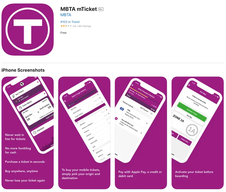 購買通勤鐵路車票，需下載紫色MBTA App