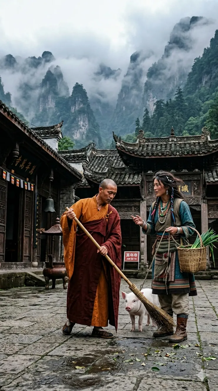 女子牽白豬帶著一籃蔥，要借宿寺廟。