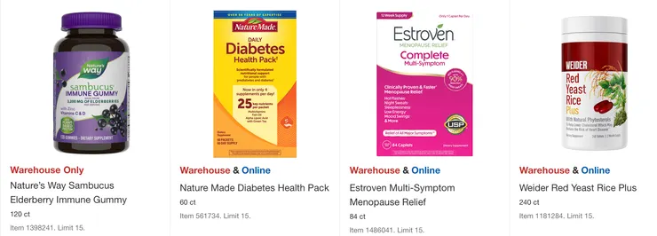 Nature’s Way 接骨木免疫軟糖 $21.99,Nature Made 糖尿病健康包$21.99,Estroven 全面緩解更年期多種症狀 $22.99,Weider 紅麴 $16.99。