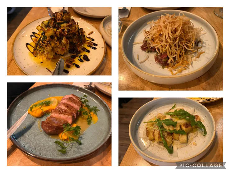 左上某種油醋花椰菜，左下鴨胸、右上塔塔生和牛、右下某奶油麵疙瘩。