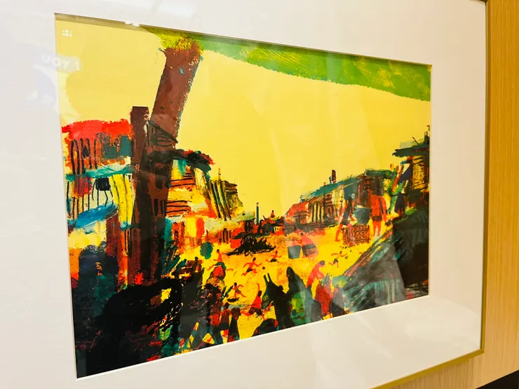 〈難民窟〉-雖說如此,色彩卻很鮮豔。左邊的咖啡色和上方的綠色,有種躲在叢林往裡窺看的感覺。因為事不關己,所以才能特別鮮艷的意思嗎?