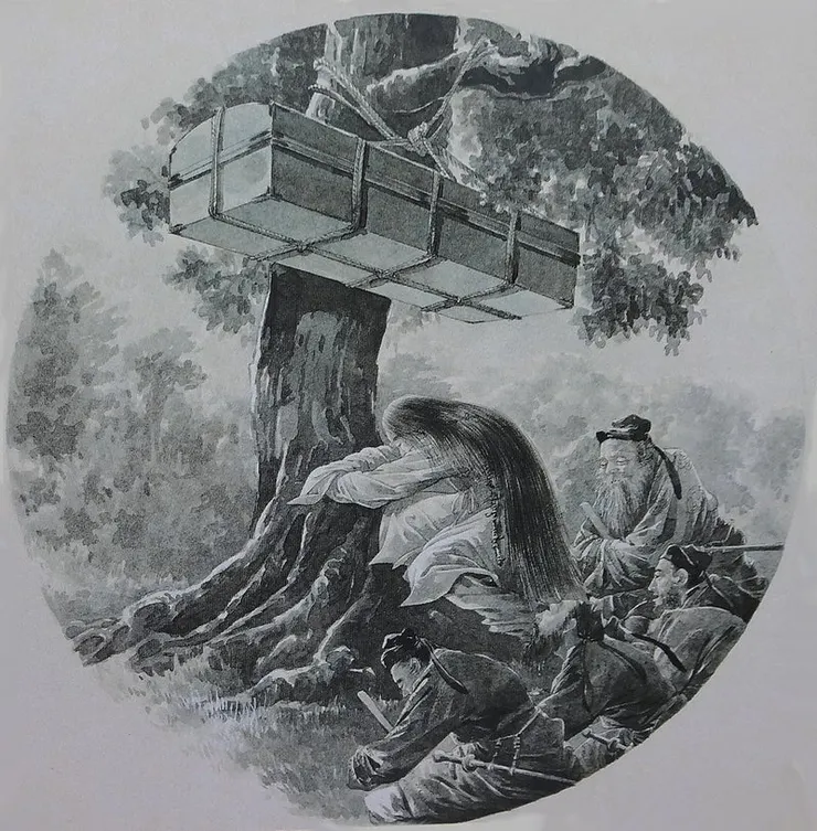 據說仲哀天皇死後，神宮皇后將其棺木懸掛在樹上，並與數位重臣一起祈禱，祈禱後樹木四周飄散出一股香氣。（《棺掛け椎》， 矢田一嘯繪）