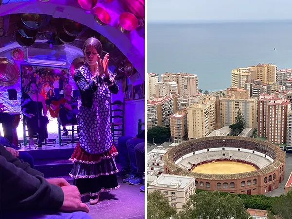 (左)格拉納達的現場佛朗明哥體驗 (右)鳥瞰馬拉加的鬥牛場，平常開放VR參觀