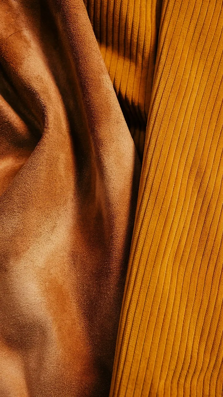suede and corduroy fabrics in 1970s fashion.  On the left, a swatch of soft brown suede with visible nap and subtle sheen. On the right, a piece of mustard yellow corduroy with distinct vertical ribs. 