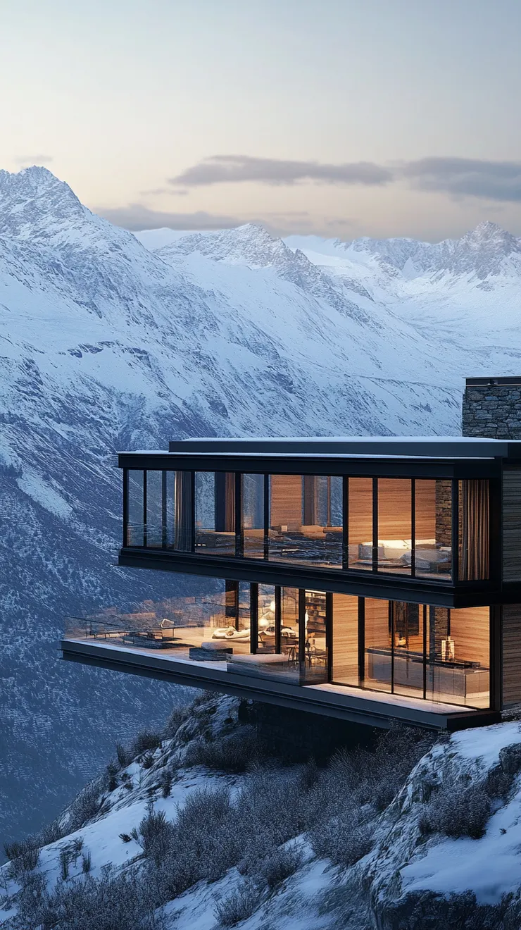 A breathtaking minimalist modern house perched on a cliff overlooking snow-capped mountains, floor-to-ceiling glass windows, clean lines, warm wood accents, serene, daytime, photorealistic, architectural photography