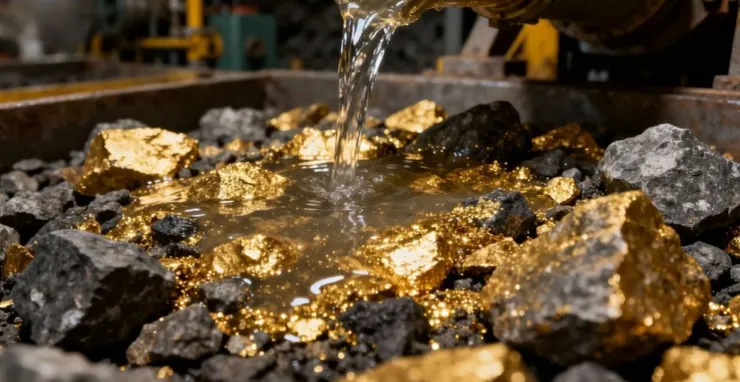 將鹼性的氰化物水溶液劇倒入含金的礦石中