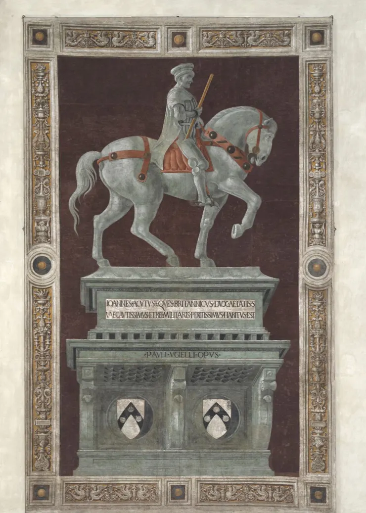 聖母百花大教堂中的《約翰霍克伍德爵士騎馬像》,是貴族為感謝這位英勇的外籍指揮官,找了藝術家做了這幅畫。事實上,義大利當時城邦林立,傭兵是看錢辦事,霍克伍德就曾經為錢倒戈