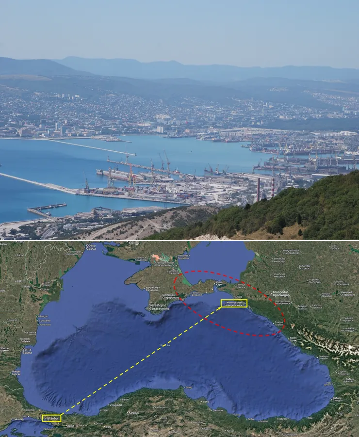 現在的新羅西斯克港；從君士坦丁堡到新英格蘭的地圖，紅圈內是推估新英格蘭的可能位置。