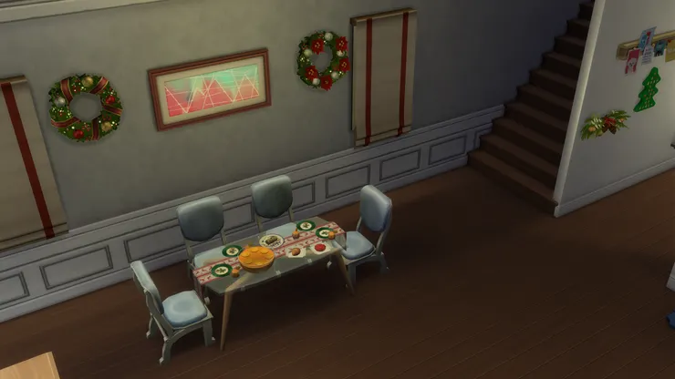 這邊是飯廳和樓梯，本來以灰、棕和藍色為主，很傳統的感覺。