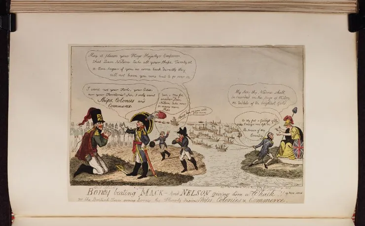 拿破崙擊敗奧地利將軍馬克，而納爾遜奪取法國船隻、殖民地和商業，艾薩克·克魯克香克於1805年11月19日創作的英國漫畫。