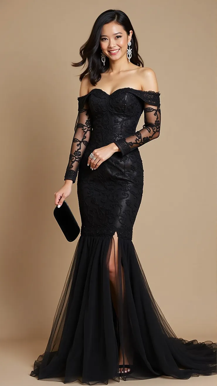 Off-shoulder lace gown, chandelier earrings, black pumps, velvet clutch