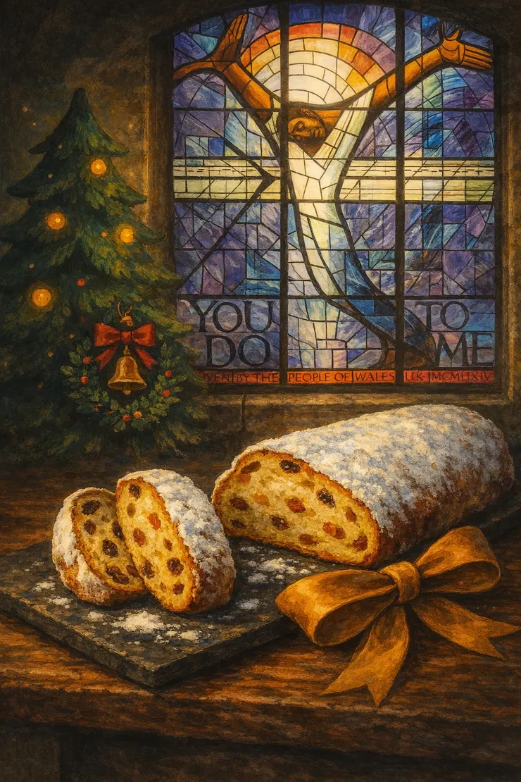 圖由ChatGPT 生成：我手邊翻譯的書封面＋手作的德國聖誕麵包 Stollen