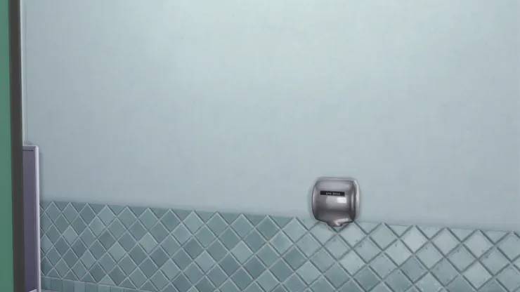 牆壁是湖水藍。我喜歡亮得反光的磁磚。