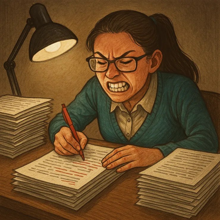 我正在 (#`皿´) 批閱學生的報告 (小昕咒語Copilot繪圖)