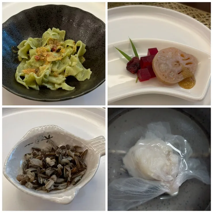 (左上)槐葉冷陶；(右上)荔枝乾、扶桑荔枝凍、桂花糖藕。(左下)蔗漿菰米飯；(右下)木槿花餛飩