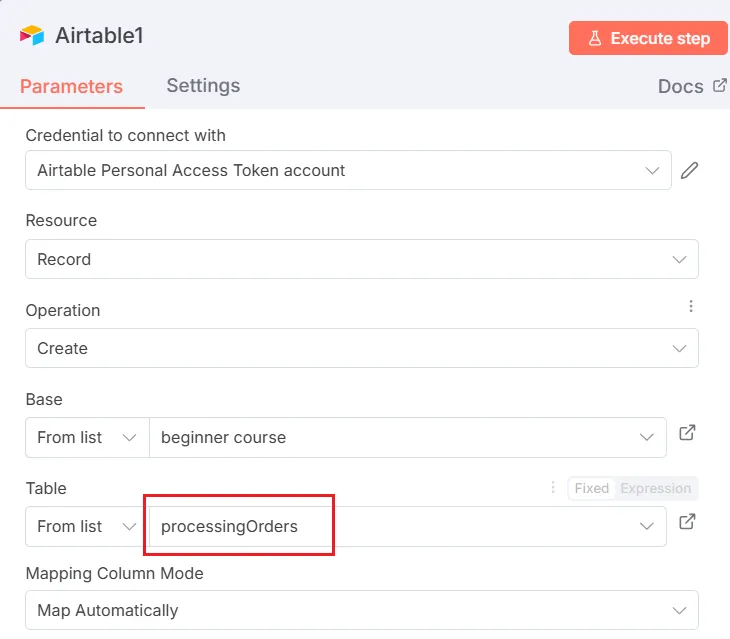 將「Table」欄位改成&nbsp;processingOrders