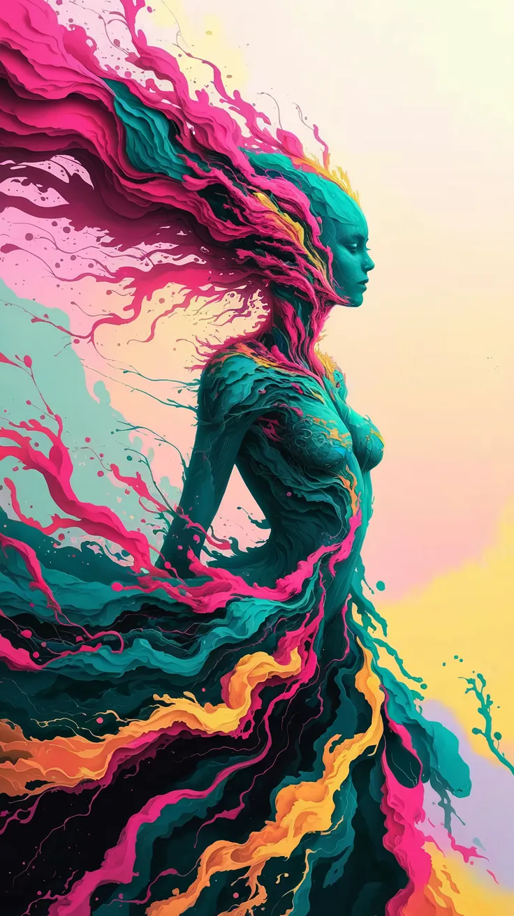 A radiant humanoid figure emerges from an explosion of swirling alcohol ink patterns. Their silhouette is defined by flowing, organic shapes in vibrant hues of fuchsia, deep teal, and fiery gold. Bold, blooming patterns radiate outward, resembling petals or celestial waves that dissolve into soft gradients of pastel yellow and lavender.