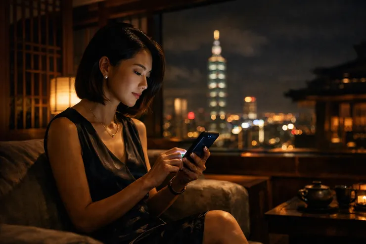 台北夜色,高對比光影勾勒出都市的神秘與誘惑,琥珀色霓虹倒影在濕潤的街道上,皮革與絲綢的質感在暗處若隱若現,側影與細節暗示著不為人知的秘密。