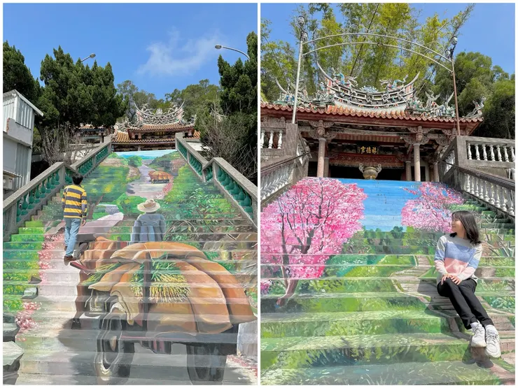 宮廟前方的彩繪階梯也有美麗櫻花