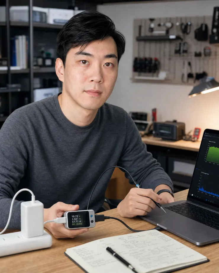 梁练伟进行 AI PC 续航与散热测试的真实硬件评测细节图