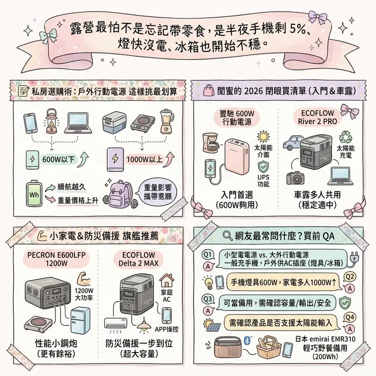 【戶外行動電源推薦】露營電力怎麼抓 ⚡ 2026 Dcard 6 款 600W 到 1200W 儲能電源比較