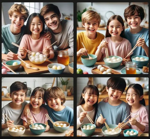 Three children gathered together to eat tangyuan