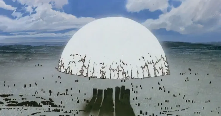 電影從開頭到結尾所呈現的光，通通都是人造的質料；以及最重要的，分別在開頭與結尾都出現過如核爆般刺眼的白光。來源：《阿基拉》電影劇照