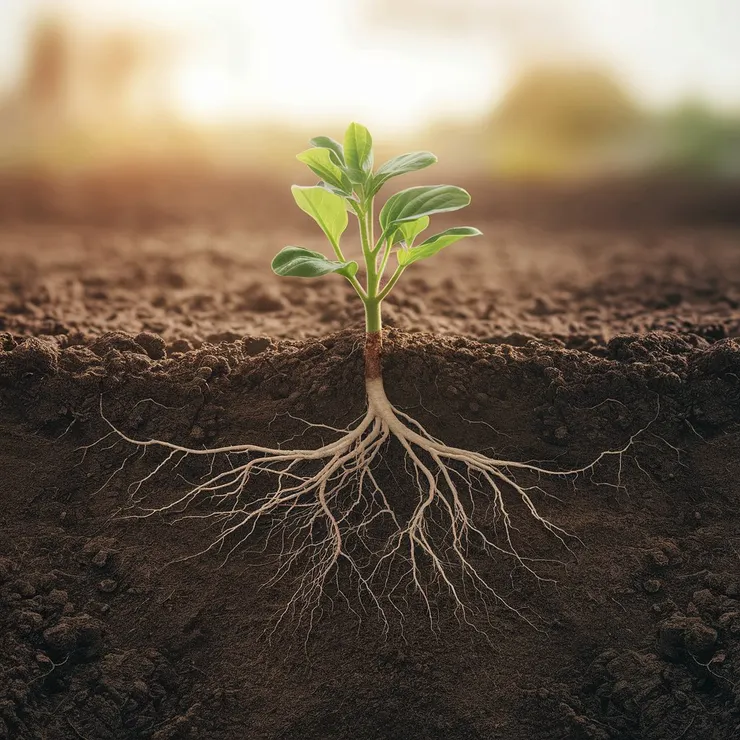 "Create an image of a small green plant growing in healthy soil, with its intricate root system clearly visible beneath the surface. The roots should spread in all directions, showcasing their fine, detailed structure. The soil should appear rich and dark, with a soft glow of sunlight coming from the horizon, illuminating the plant and adding a warm, natural ambiance." more roots.