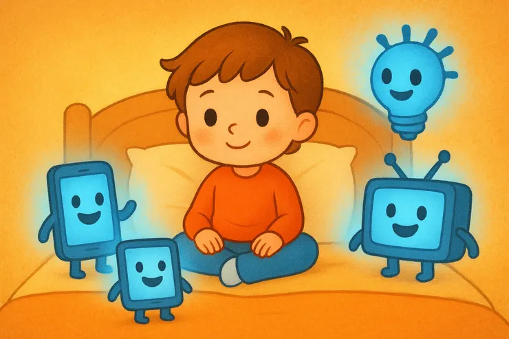 手機、平板、電視、LED燈等發光源化身小怪獸，環繞孩子，示意藍光來源