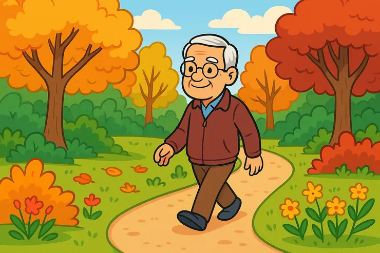 AI示意圖：在森林公園中放鬆散步的老人