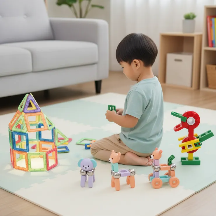 3–5 歲幼兒進入空間、思維、合作的發展期，很適合玩磁力片城堡、幼幼版磁力棒和工程積木
