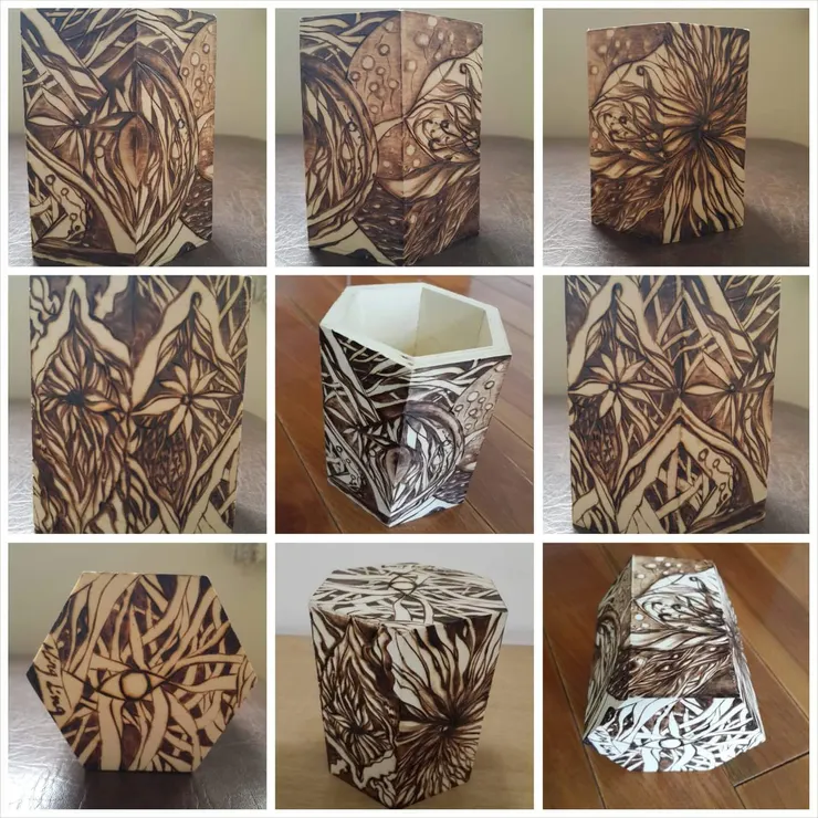 六角盒直徑9cm高9cm/自發性創作烙畫/Mingling烙