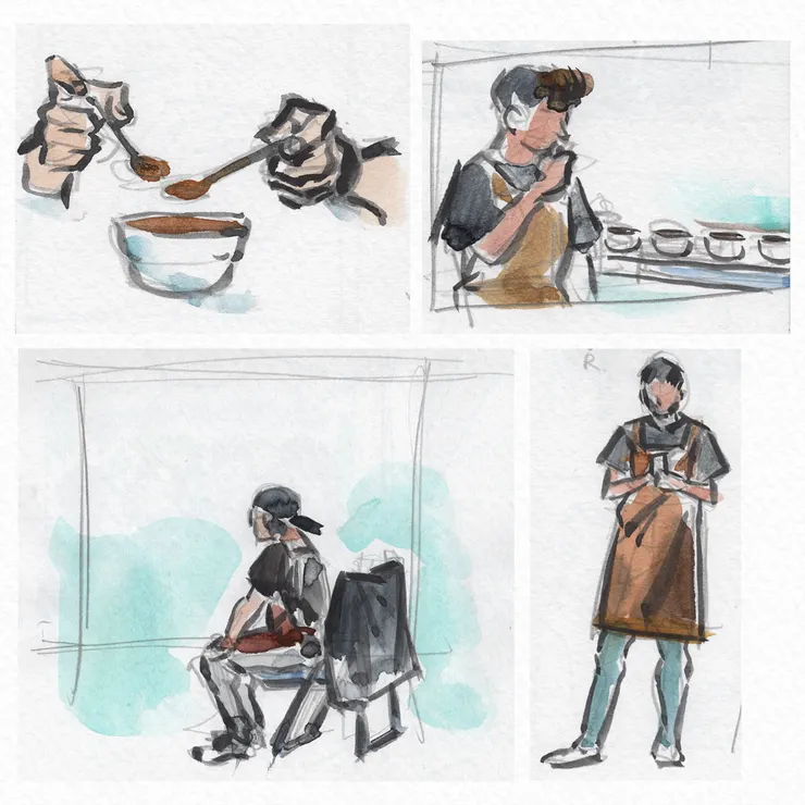 評審們進行杯測、紀錄及休息的畫面。