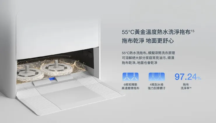 操作簡易，熱水自動清潔拖布，防止油汙殘留。