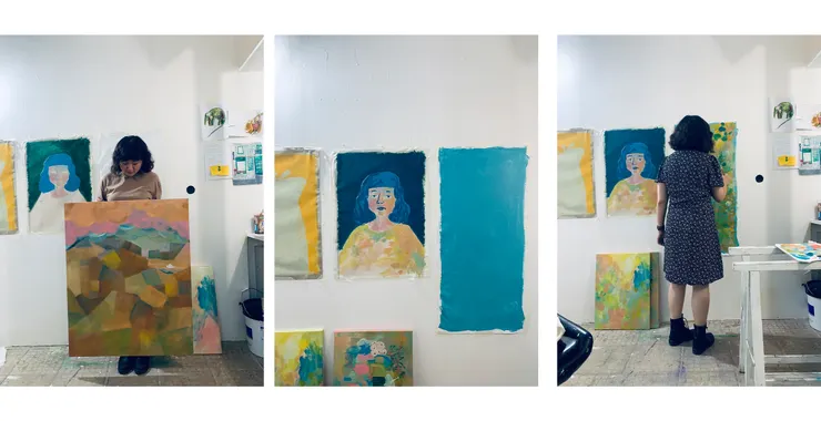 入山的路完成的樣子和比例尺、自畫像和新的藍色打底畫布、站著用大筆刷點上顏色的我