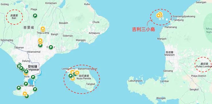 峇里島、龍目島、吉利島的地理位置