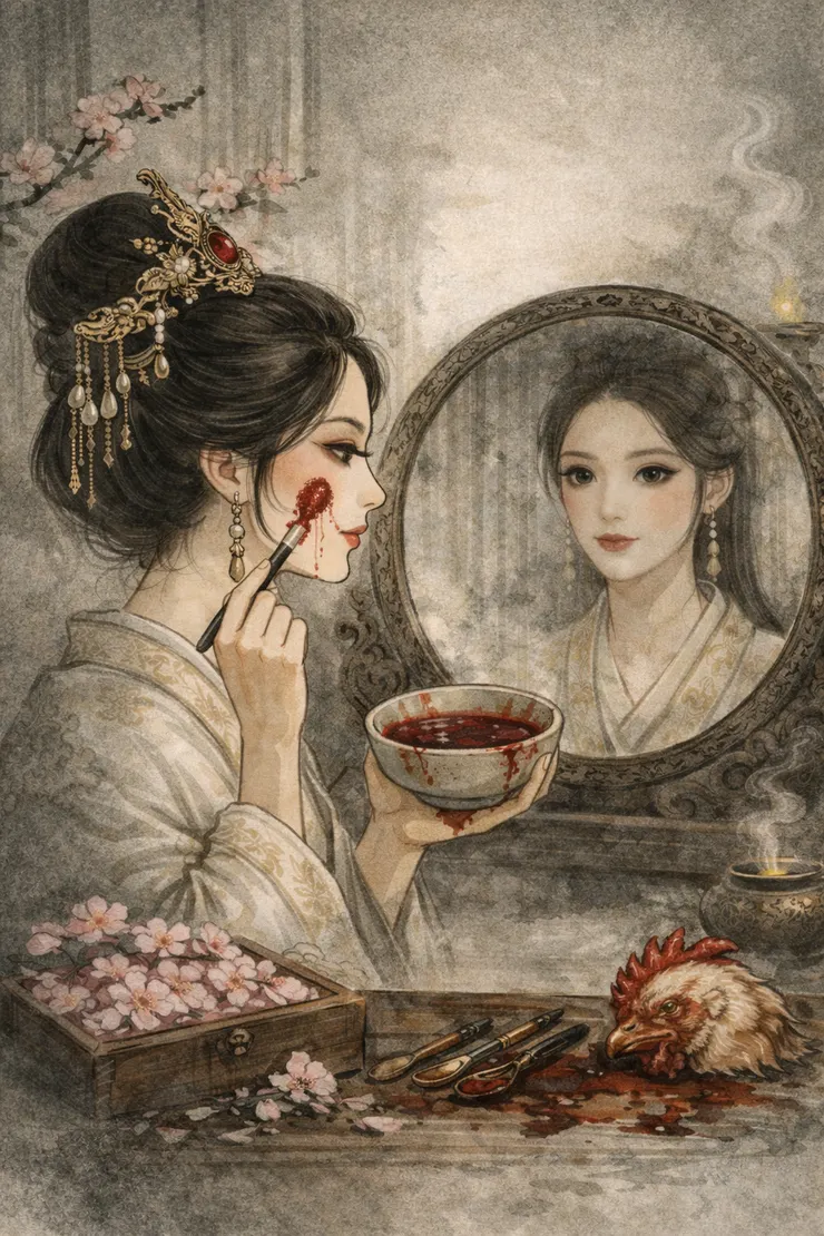 太平公主驚悚的美容方—桃花雞血面膜。ChatGPT示意。